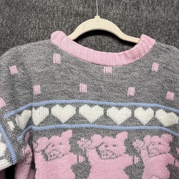 Vintage 80s Sweater Dancing Pig Hearts Fairy Kei Harajuku All Over Print‎ Size M - Picture 8 of 10